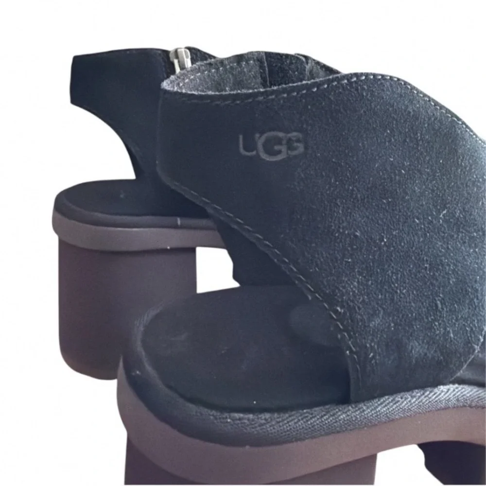 UGG Platform Sandals Womens Black Suede Chunky Block Heel Zip Up Open Toe 10 New - Picture 6 of 11